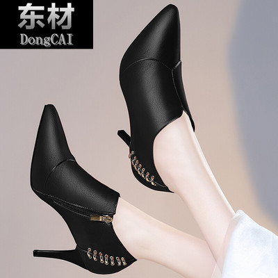 高跟女靴子2017秋新款韓版百搭細跟單鞋女士中跟皮鞋側拉鏈尖頭深口單鞋短筒及裸靴 東材短靴型號【價格 圖片 品牌 報價】-蘇寧易購力盾服飾鞋帽專營店