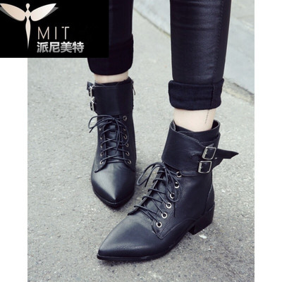 年秋季中筒綁帶平底方跟粗跟尖頭大碼馬丁靴女靴子帥氣時尚靴 派尼美特中筒靴型號【價格 圖片 品牌 報價】-蘇寧易購派尼美特服飾鞋帽專營店